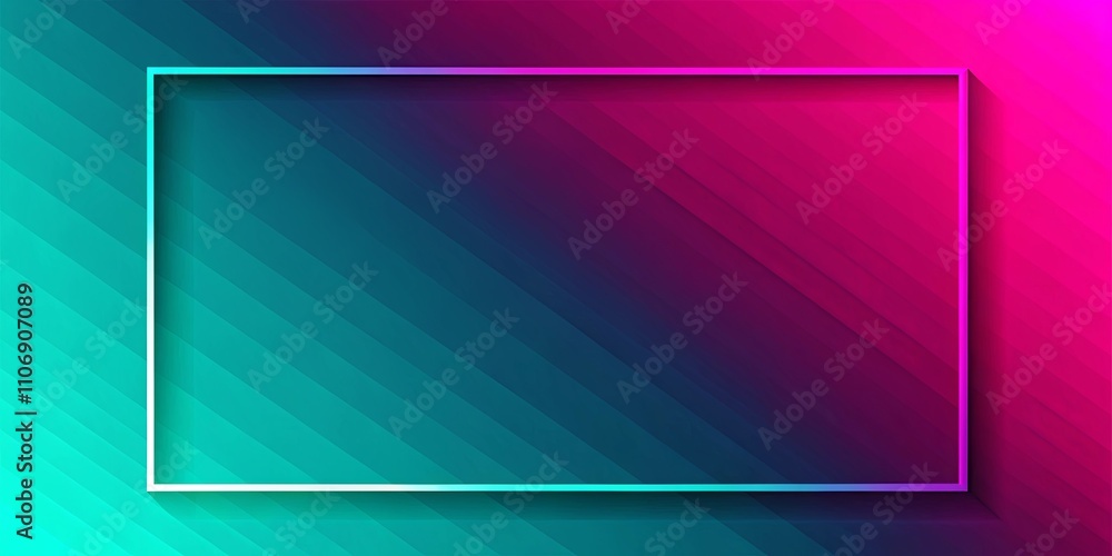Fototapeta premium Abstract gradient background with vibrant teal and magenta diagonal stripes and a luminous rectangular frame