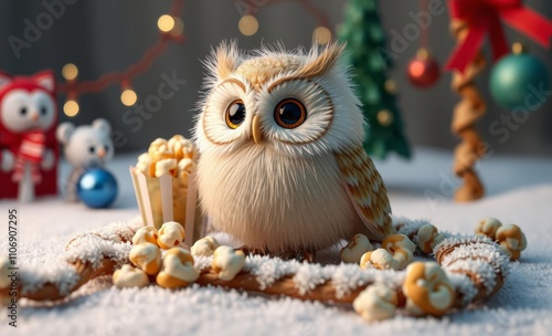 owl christmas Winter still life with caramel popcorn, christmas toys and garland  animal, decoration, season, bird photo