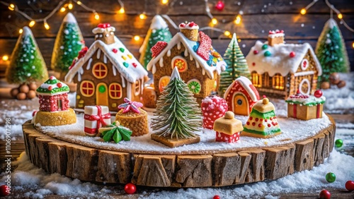 Enchanting Gingerbread Village on a Rustic Wood Stump Surrounded by Whimsical Christmas Decor and Snowflakes, Perfect for Holiday-Themed Stock Photography