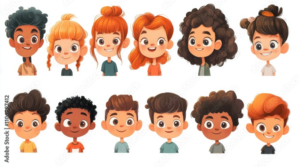 Set of adorable cartoon characters with various hairstyles, face shapes, and vibrant expressions, showcasing diversity and creativity in a fun, animated style Set of adorable cartoon characters with various hairstyles, face shapes, and vibrant expressions, showcasing diversity and creativity in a fun, animated style