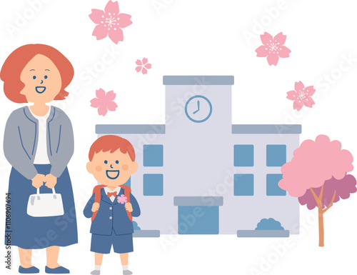 学校の校舎と入学式の親子のイラスト
