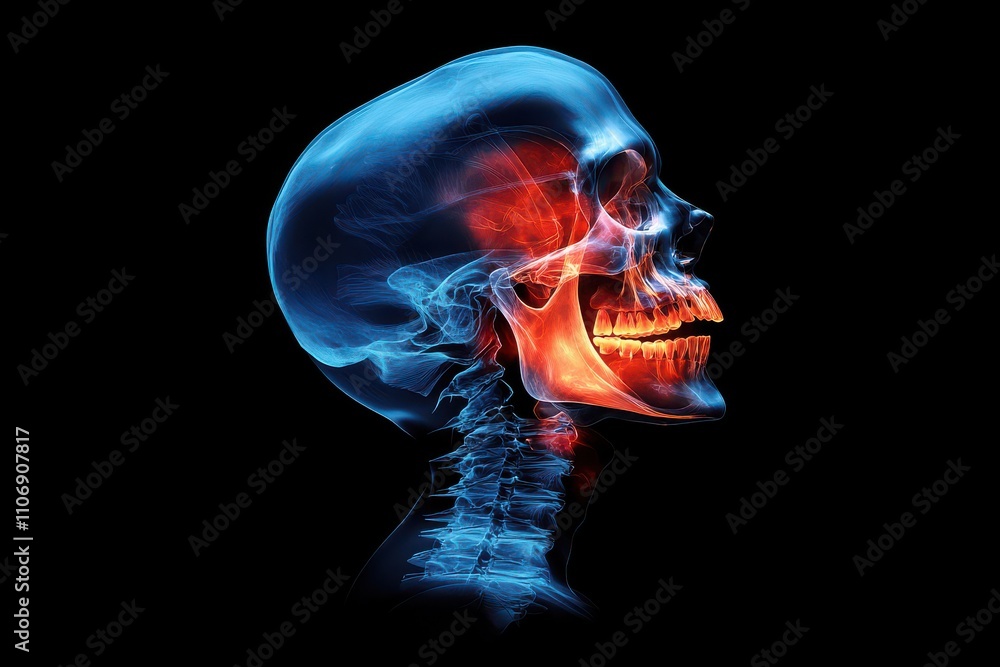 Medical illustration x-ray view of human skull and jaw anatomical diagram glowing red pain area in mouth Medical illustration x-ray view of human skull and jaw anatomical diagram glowing red pain area in mouth