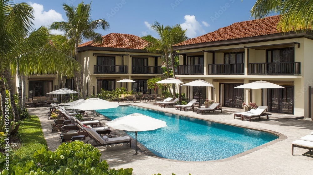 Fototapeta premium Tropical Resort with Swimming Pool and Lush Greenery
