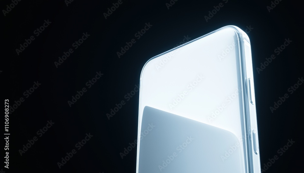 A sleek smartphone partially illuminated against a dark background, showcasing its modern design and reflective surface. A sleek smartphone partially illuminated against a dark background, showcasing its modern design and reflective surface.