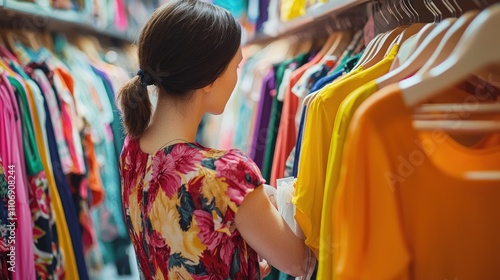 A shopper browsing through a rack of colorful dresses in a clothing store.