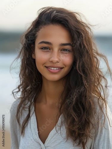 Portrait of young woman at sea looking at camera. Smiling latin hispanic girl standing at the beach with copy space and looking at camera. Happy mixed race girl in casual outfit with wind in her hair