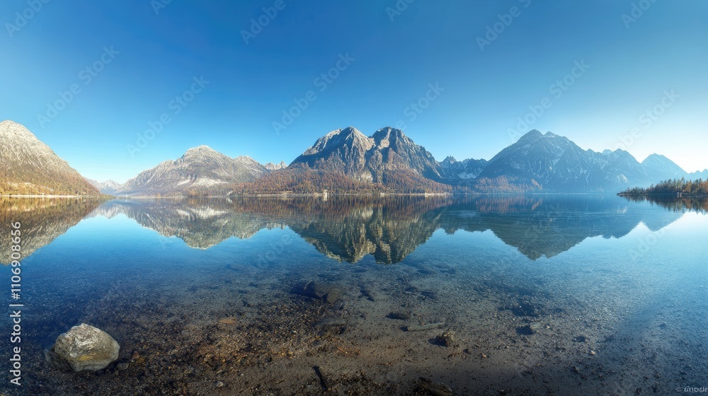 Stunning view of Plansee, a pristine alpine lake nestled between the mountains of Tyrol, Austria, reflecting the clear blue skies and surrounding nature Stunning view of Plansee, a pristine alpine lake nestled between the mountains of Tyrol, Austria, reflecting the clear blue skies and surrounding nature