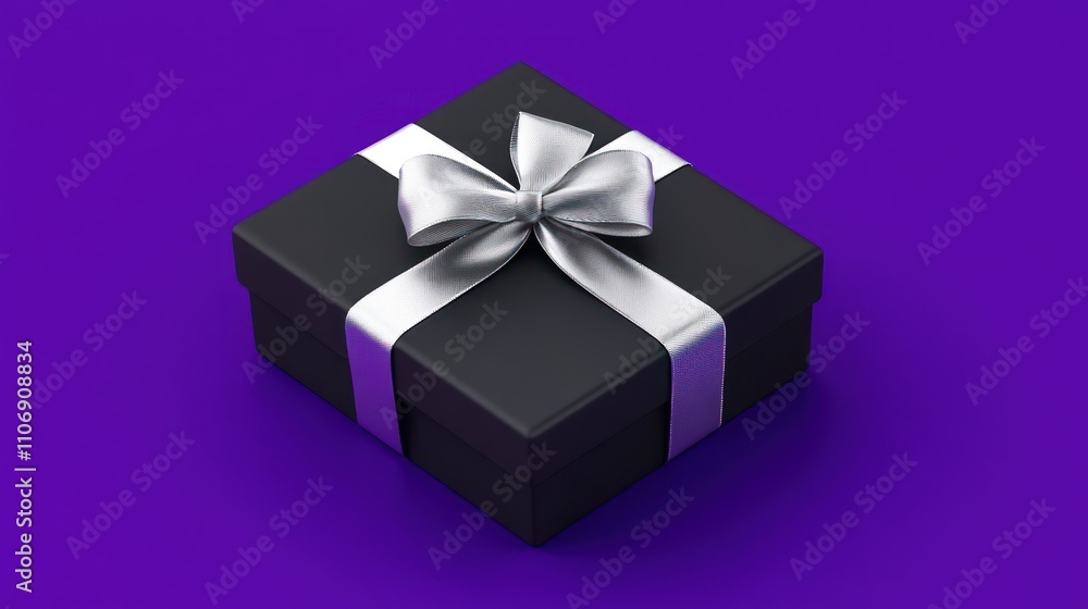 A black gift box with a silver ribbon and bow on a purple background. A black gift box with a silver ribbon and bow on a purple background.