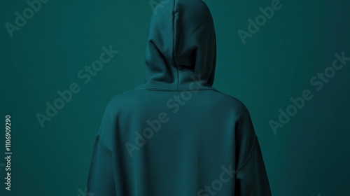 A person wearing a teal hoodie, viewed from behind against a solid teal background.