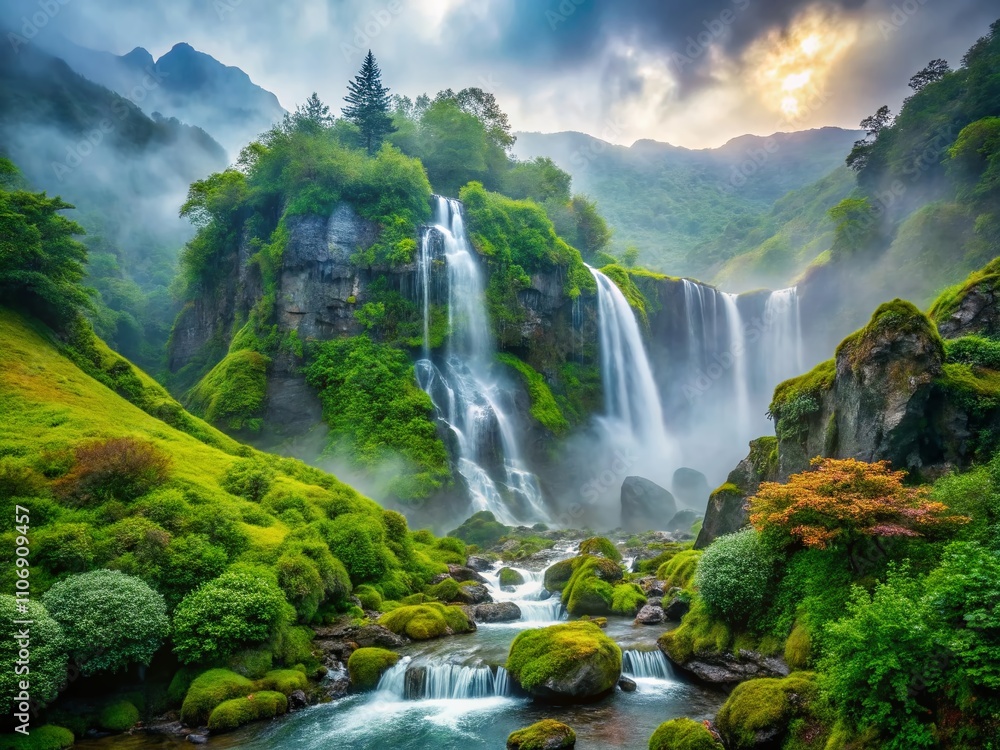 Fototapeta premium Enchanting Misty Mountain Landscape with Cascading Waterfall Surrounded by Lush Greenery and Ethereal Fog, Perfect for Nature Lovers and Photography Enthusiasts