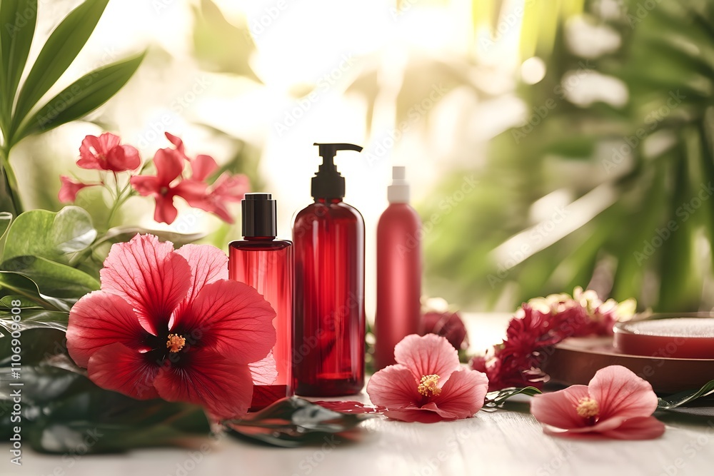 Hibiscus Beauty Products, Shampoo, Cosmetics, Oil, Mock-up Products, Generative AI Hibiscus Beauty Products, Shampoo, Cosmetics, Oil, Mock-up Products, Generative AI