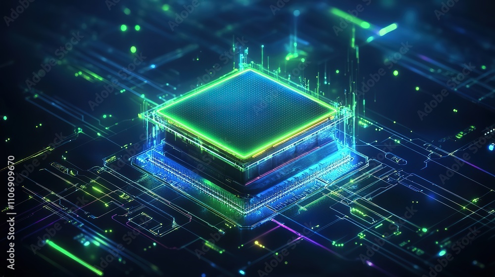 Futuristic CPU on circuit board with neon lights. Futuristic CPU on circuit board with neon lights.