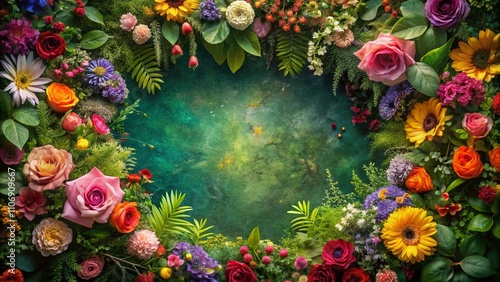 Enchanting Mystical Floral Border with Lush Greenery and Vibrant Blooms, Ideal for Backgrounds, Invitations, and Nature-Themed Projects, Capturing the Essence of Whimsy and Beauty