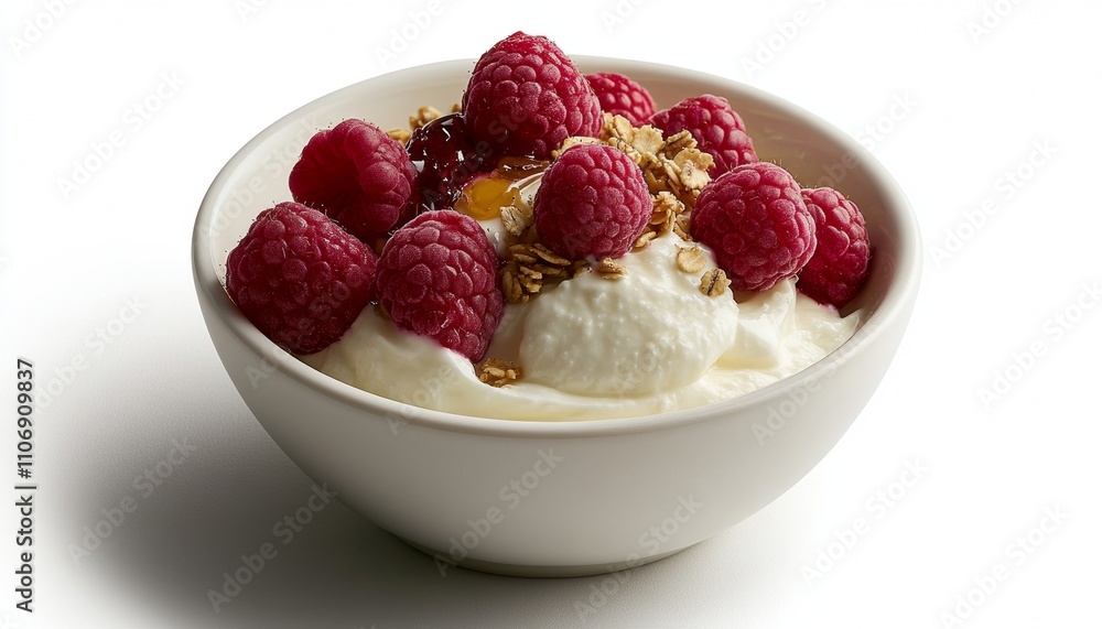 Healthy food bowl of yogurt with fresh raspberries, granola, and honey Healthy food bowl of yogurt with fresh raspberries, granola, and honey