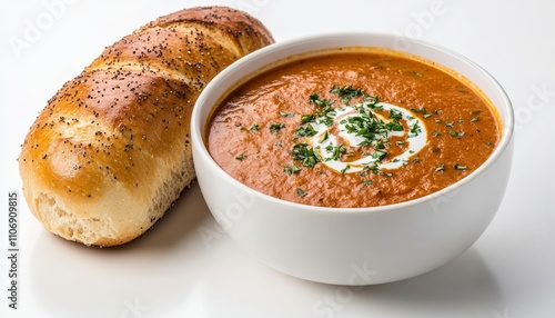 Obraz na płótnie Healthy food tomato soup with cream and fresh bread roll w salonie