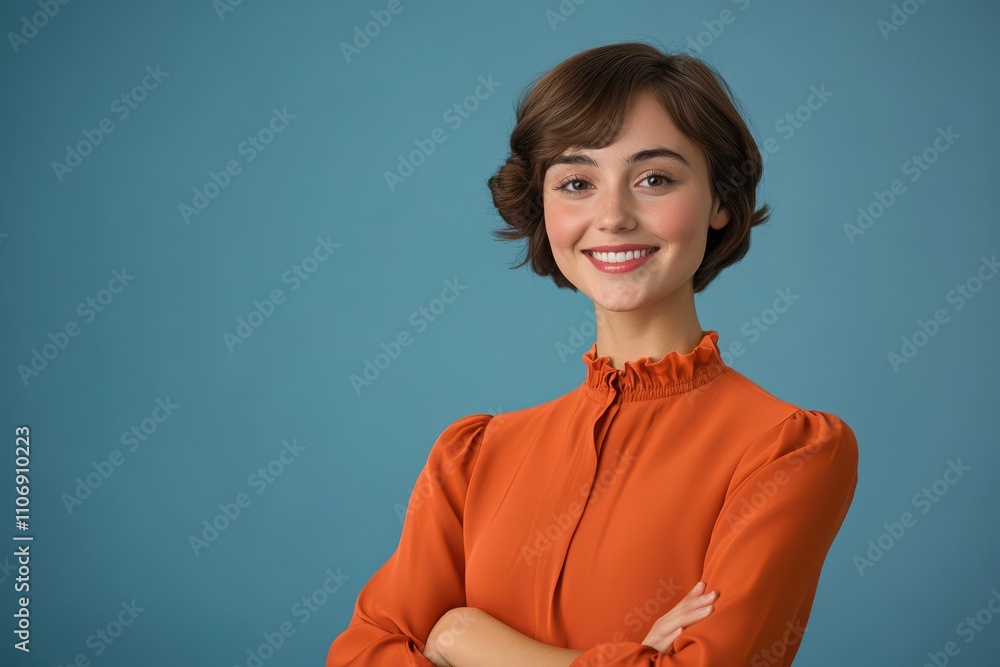 Portrait young woman short brown hair orange blouse arms crossed confident smile blue background Portrait young woman short brown hair orange blouse arms crossed confident smile blue background