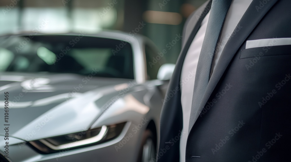 Stylish man in suit posing next to a luxurious car on city street Stylish man in suit posing next to a luxurious car on city street