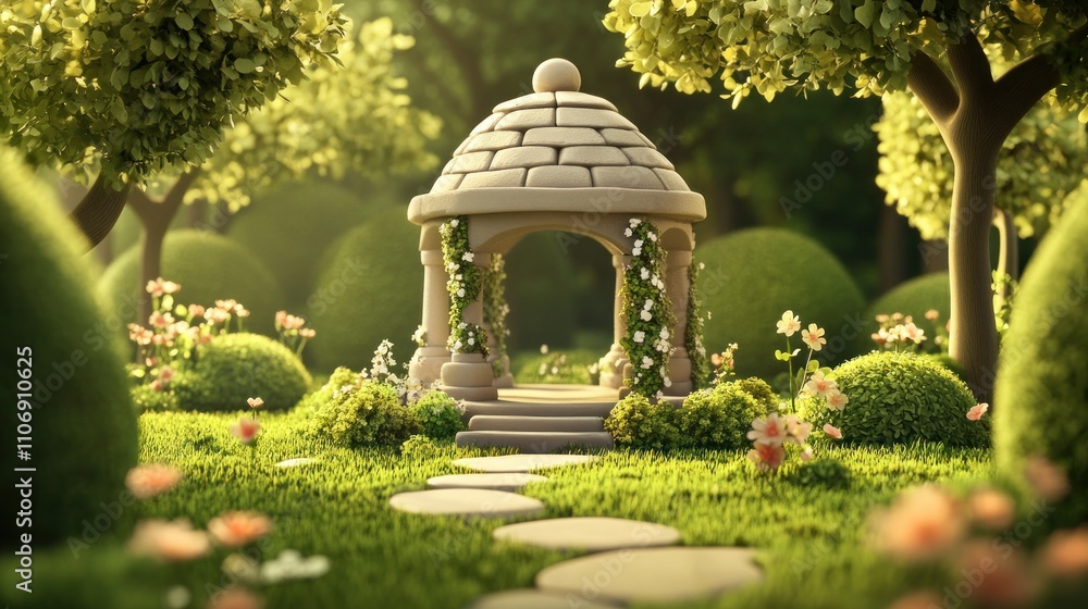 A serene garden featuring a stone gazebo surrounded by lush greenery and colorful flowers. A serene garden featuring a stone gazebo surrounded by lush greenery and colorful flowers.