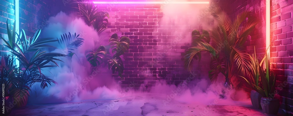 Fototapeta premium Neon Lights Illuminate Tropical Plants Against Brick Wall