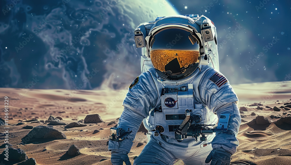 A astronaut is exploring Mars, wearing a spacesuit with a helmet, focused expression. The Martian surface is red with sand dunes, The sky is a deep blue. background of the vastness of space. A astronaut is exploring Mars, wearing a spacesuit with a helmet, focused expression. The Martian surface is red with sand dunes, The sky is a deep blue. background of the vastness of space.