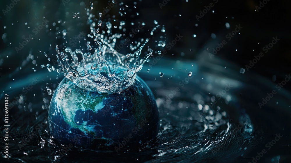 Water droplets splashing over the Earth globe with copy space for text, perfect for World Environment Day campaigns, emphasizing the importance of preserving the planet