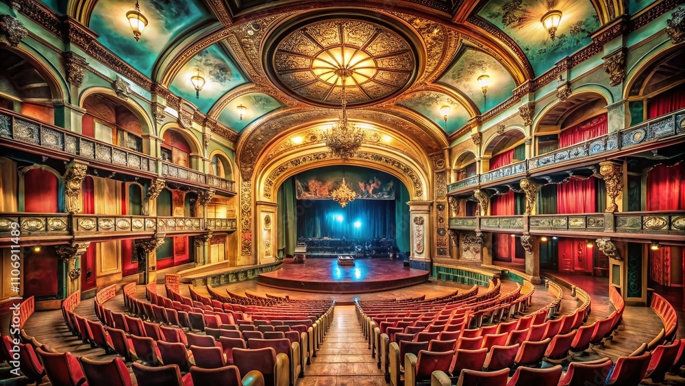 Obraz premium Enchanting Old Theater with Vintage Architecture and Dramatic Lighting, Perfect for Evoking Nostalgia in Film and Performance Art, Capturing the Essence of Timeless Entertainment Scenes