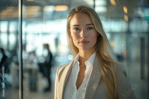 Wallpaper Mural Professional businesswoman confident pose beige blazer white blouse long blonde hair office environment glass walls coworkers in background Torontodigital.ca