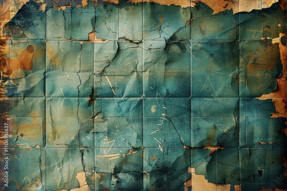 Obraz premium A weathered, textured map featuring shades of blue and brown, showcasing an aged appearance with torn edges and faded details.