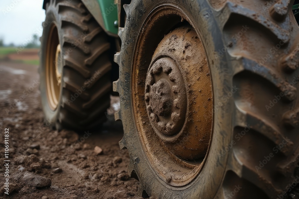 Mud covered tractor tire detail in rural setting Mud covered tractor tire detail in rural setting