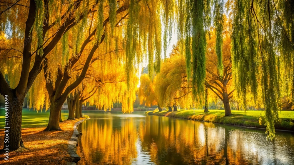 Obraz premium Enchanting Portrait Photography of Golden Willow Trees in Lush Green Park, Capturing Their Graceful Branches and Golden Leaves Under Soft Natural Light