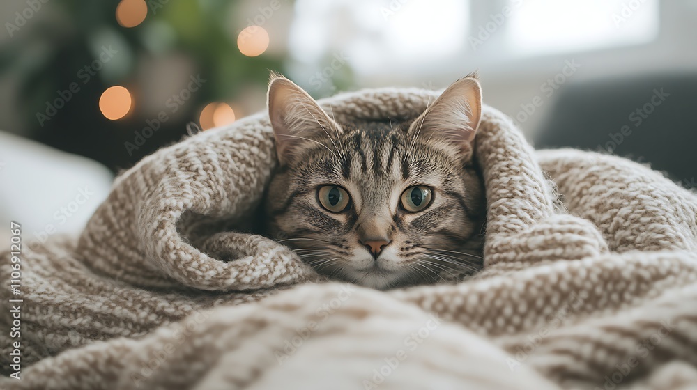 A cat is curled up in a blanket, looking up at the camera A cat is curled up in a blanket, looking up at the camera