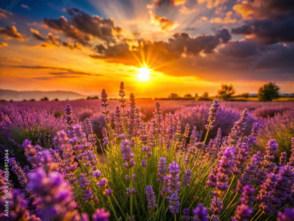 Fototapeta premium Enchanting Silhouette Photography of Lavender Fields Bathed in Golden Sunlight, Capturing the Essence of Nature's Dreamlike Beauty at Dusk
