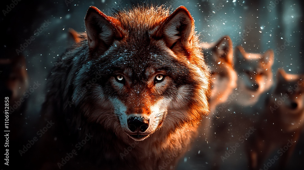 A fierce wolf stands in the foreground, surrounded by a pack in a snowy, mystical setting. A fierce wolf stands in the foreground, surrounded by a pack in a snowy, mystical setting.