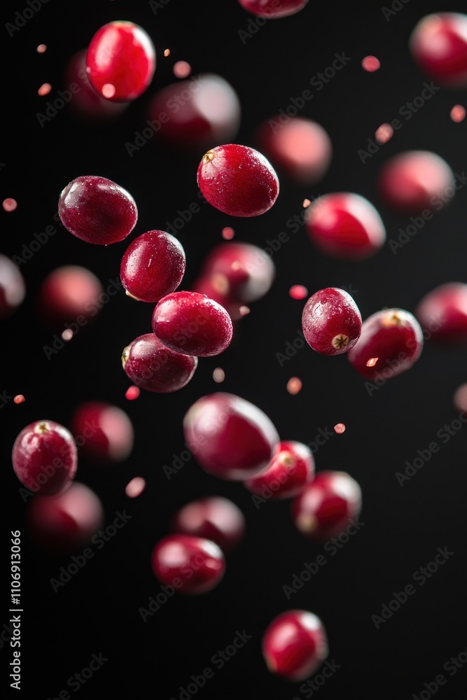 A dynamic display of flying red berries against a dark background. A dynamic display of flying red berries against a dark background.