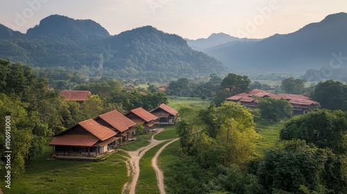 Wallpaper Mural Traditional Houses nestled amongst lush greenery and mountains in a rural village Torontodigital.ca