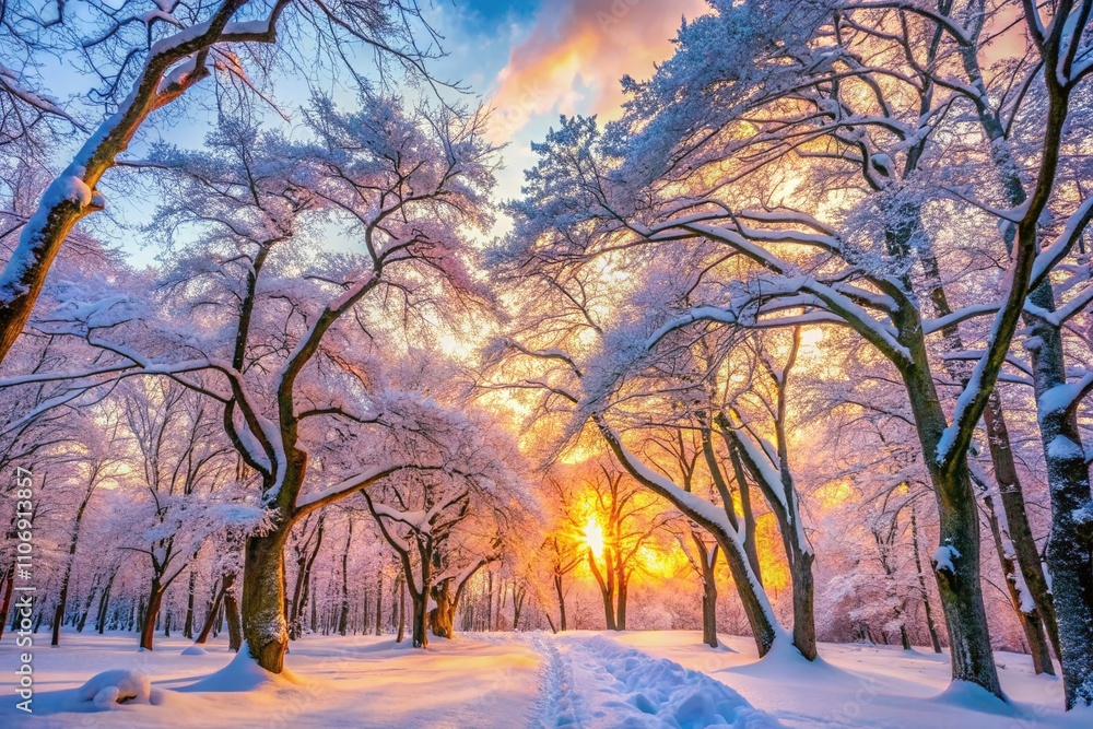 Enchanting Winter Forest Landscape with Bare Trees Blanketed in Snow, Capturing the Serenity and Beauty of Cold Frozen Woods in a Stunning Photo Composition Enchanting Winter Forest Landscape with Bare Trees Blanketed in Snow, Capturing the Serenity and Beauty of Cold Frozen Woods in a Stunning Photo Composition