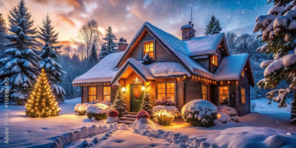 Fototapeta premium Enchanting Winter Cottage Adorned for Christmas with Soft Snow, Twinkling Lights, and a Cozy Atmosphere in a Serene Snowy Landscape