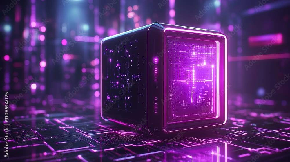 Glowing cube with circuitry on circuit board. Glowing cube with circuitry on circuit board.