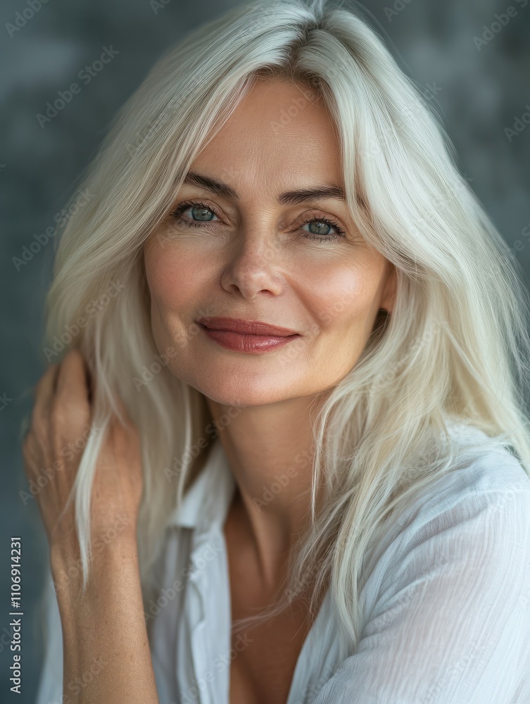 Smiling happy attractive 50s middle aged mature blond woman, old lady looking at camera advertising anti age face skin and body care treatment cosmetics posing in bathroom. Close up headshot portrait Smiling happy attractive 50s middle aged mature blond woman, old lady looking at camera advertising anti age face skin and body care treatment cosmetics posing in bathroom. Close up headshot portrait