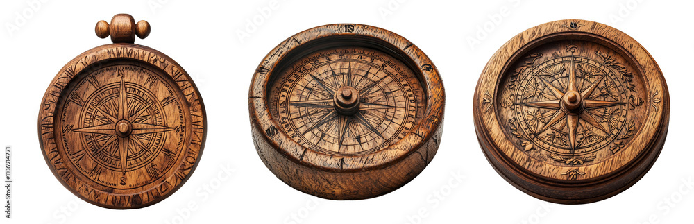 Fototapeta premium Vintage Wooden Compass Set for Navigation and Exploration Isolated on transparent background