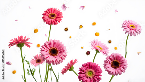 Gerberas and other beautiful flowers in air on white background. Generative AI