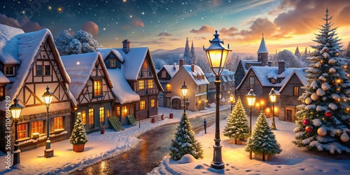 Enchanting Winter Townscape: A Magical Christmas Scene with Glowing Streetlights, Snow-Covered Rooftops, and Twinkling Holiday Decorations in a Serene, Frosty Atmosphere