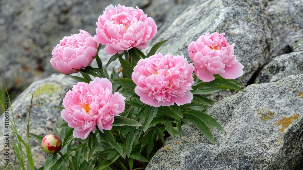 A cluster of pink peonies blooming among rocks in a natural setting. A cluster of pink peonies blooming among rocks in a natural setting.