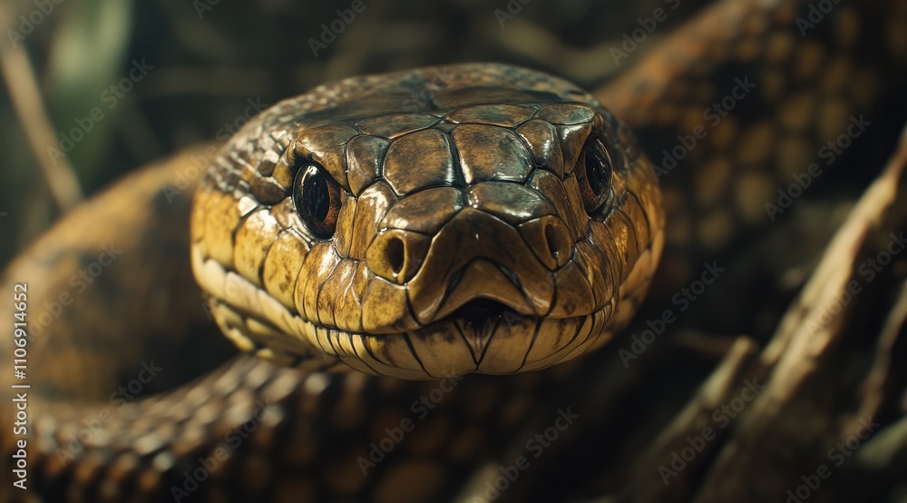 Close-up of a snake's head, showcasing its intricate scales and features. Close-up of a snake's head, showcasing its intricate scales and features.