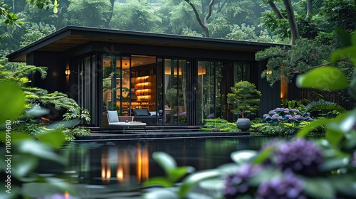 Outdoor, featuring a black house set against a backdrop of tropical plants, illustrating the calming effect of dark colors. photo