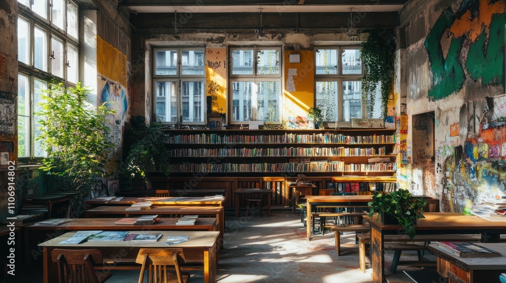 A cozy library with wooden tables, bookshelves, and natural light filtering through windows. A cozy library with wooden tables, bookshelves, and natural light filtering through windows.
