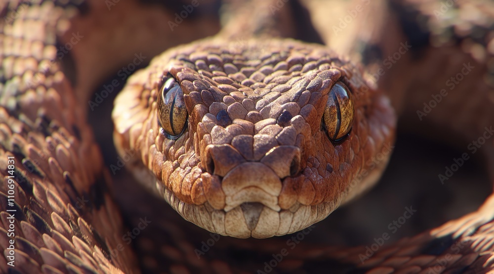 A close-up view of a snake's head, showcasing its scales and striking eyes. A close-up view of a snake's head, showcasing its scales and striking eyes.