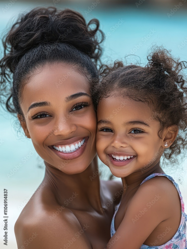 Smiling mom and beautiful girl having fun on the beach during summer vacation. Portrait of happy african american woman holding cute little girl while looking at camera with copy space. Smiling mom and beautiful girl having fun on the beach during summer vacation. Portrait of happy african american woman holding cute little girl while looking at camera with copy space.