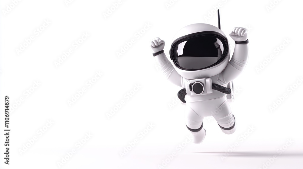A playful astronaut figure jumping joyfully in a minimalist setting. A playful astronaut figure jumping joyfully in a minimalist setting.
