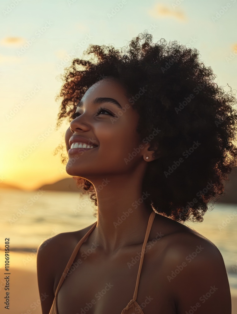 Smiling young black woman in beachwear enjoy sunset at beach. Satisfied beautiful girl with afro hair relaxing at beach during sunrise with copy space. African american woman daydreaming. Smiling young black woman in beachwear enjoy sunset at beach. Satisfied beautiful girl with afro hair relaxing at beach during sunrise with copy space. African american woman daydreaming.